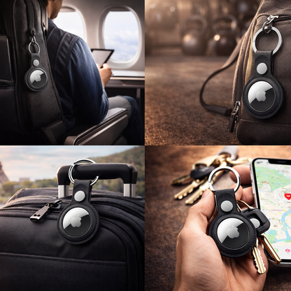 Collage of a keychain device attached to a bag, suitcase, and phone with GPS app on screen.