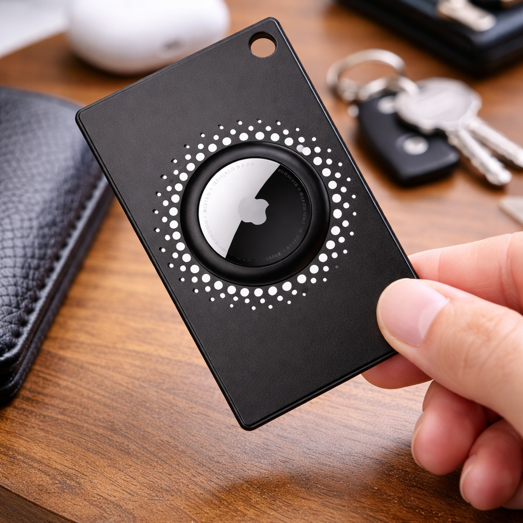 Black keychain device with a circular design held by a hand on a wooden surface.