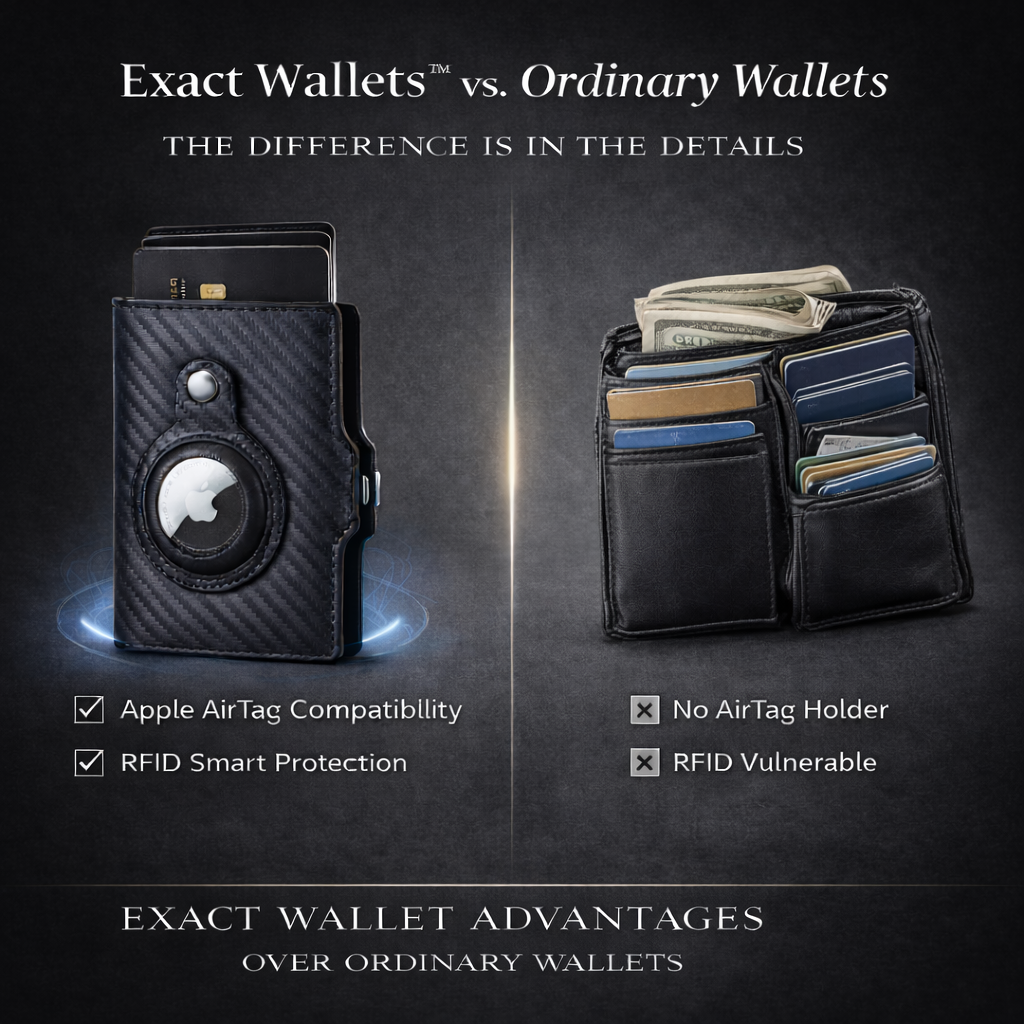 Comparison of Exact Wallets vs. Ordinary Wallets with features highlighted on a dark background.