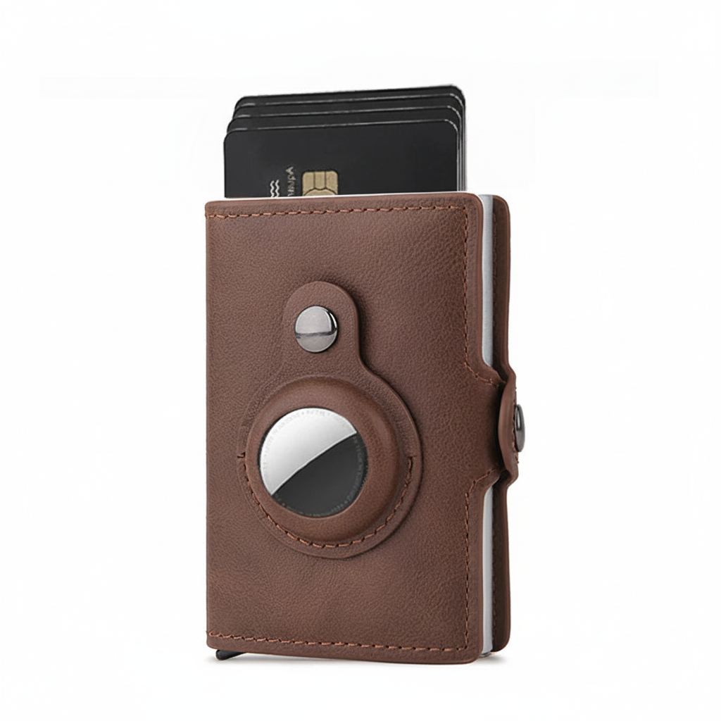 Dark brown leather AirTag wallet on a white background  