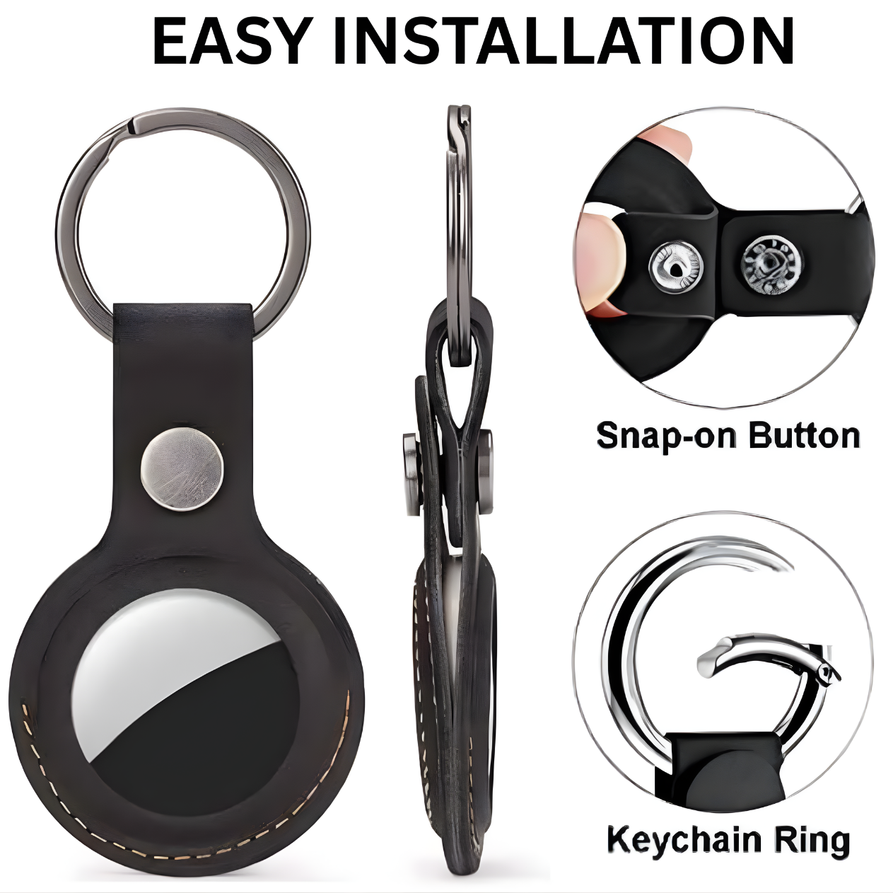 Black keychain case with snap-on button and keyring attachment on a white background